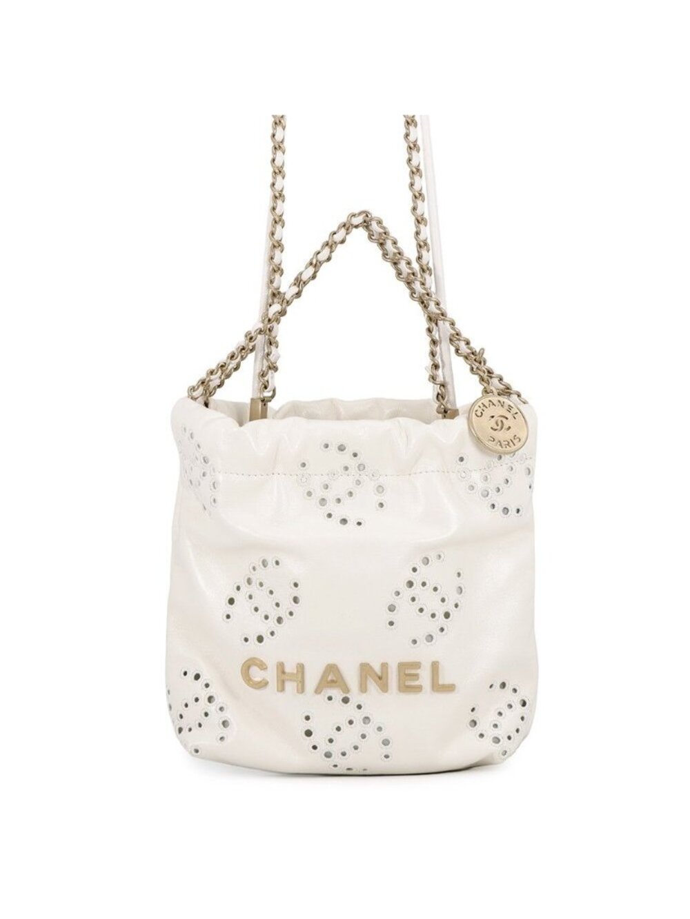 Chanel Handbag 22 Mini Perforated CC Logo Shiny Calf Leather 2-Way White